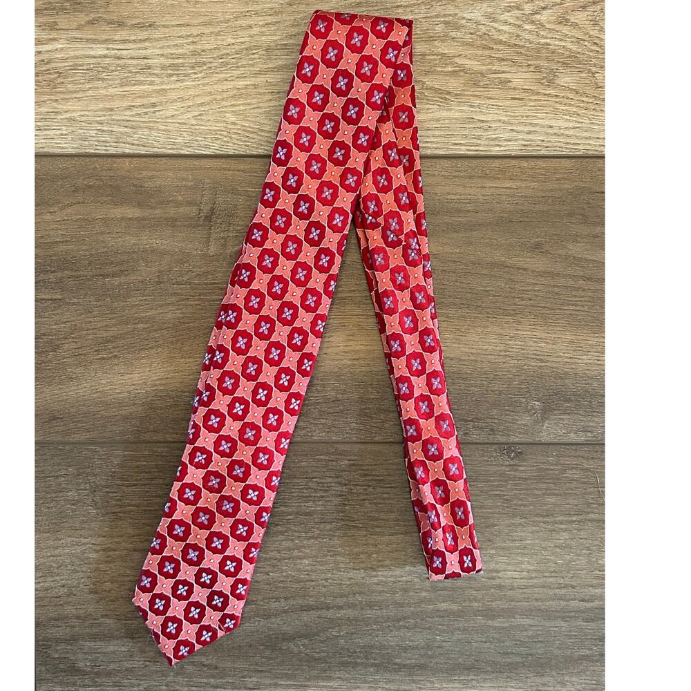 Ted Baker London Men’s 100% Silk Tie Red Coral Geometric Floral Print
